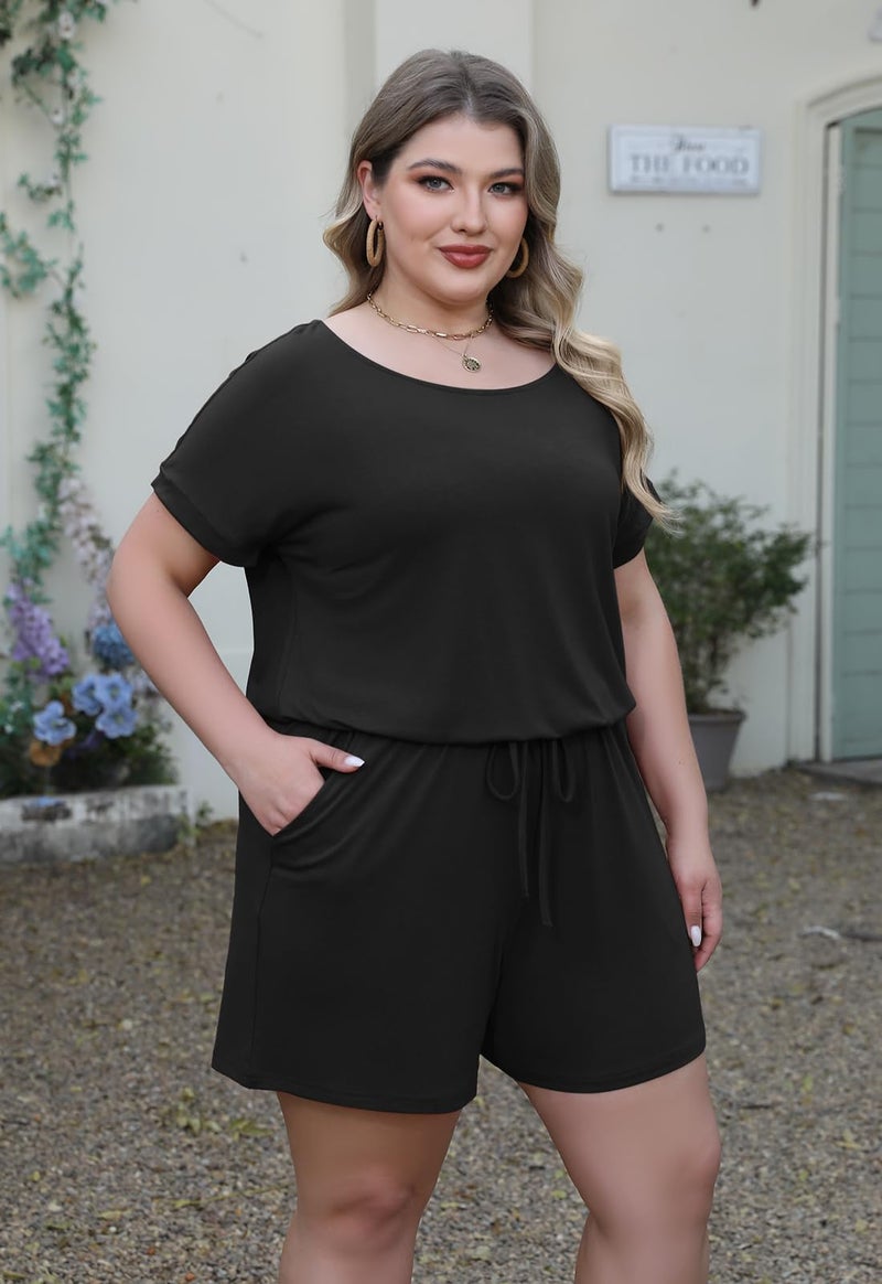 Nemidor Women's Casual Plus Size Loose Jumpsuit and Rompers Stretchy Elastic Waist Summer Short Playsuit with Pockets NEM252 (18, Black) - Image 3